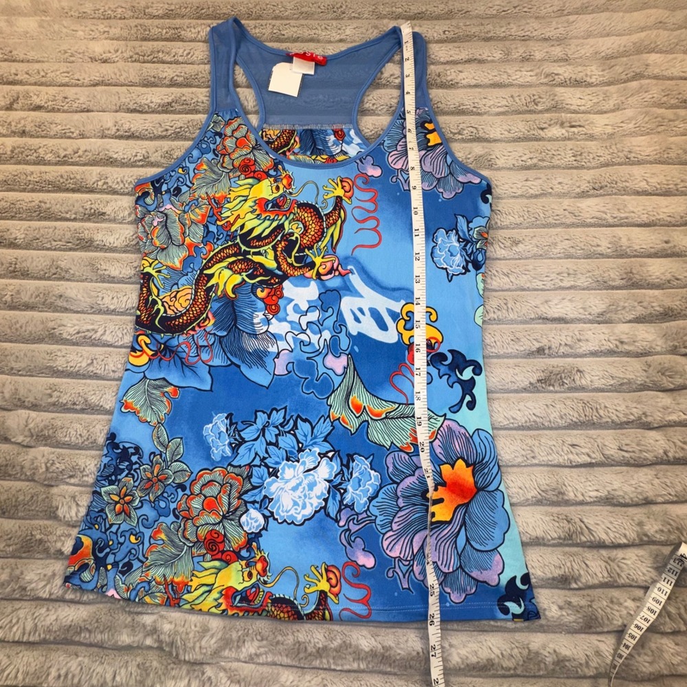 Natori Womens Small Blue Japanese Dragon Racerback‎ Tank Top Built-in-Bra Y2K - Picture 5 of 10
